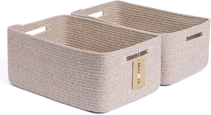 MiniArk Large Storage Baskets for Shelves, Closet Organizer Bins for Clothes, Blankets, Towels, Baby Nursery, Toy Baskets, Woven Rope Baskets, 17 x 13 x 7.5”, 2 Packs Mixed Brown