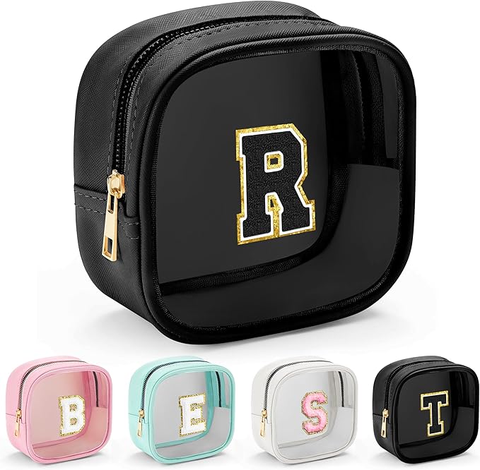 YOOLIFE Initial Makeup Bag Travel Toiletry Bag, Clear Makeup Bag Car Accessories For Women Clear Makeup Bags With Zipper Girlfriend Teacher 13 Year Old Girl Gifts Daughter Girl Gifts Mini Black R