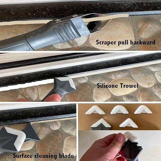 3 in 1 Silicone Caulking Tools（Stainless Steelhead）, Sealant Finishing Tool Grout Scraper, Reuse and Replace 5 Silicone Pads, Great Tools for Kitchen Bathroom Window, Sink Joint