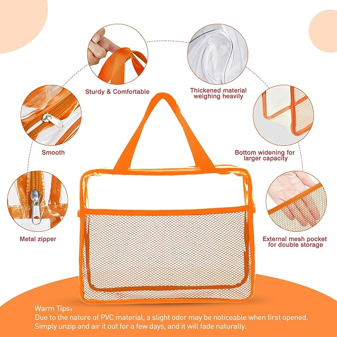 XEWEA Clear Travel Toiletry Bags, 3 Pack TSA Approved Transparent Makeup Bag for Men Women, Large Waterproof PVC Quart Organizer with Zipper for Toiletries Airline Essentials,Toy Storage Pouch Orange