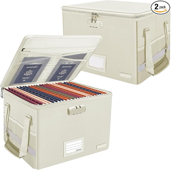 ENGPOW File Box with Lock, Fireproof Document Box with Zipper Lid, Collapsible File Storage Organizer Filing Cabinet with Handles, Portable Home Office Safe for Hanging Letter/Legal Folders, Beige, 2 Pack