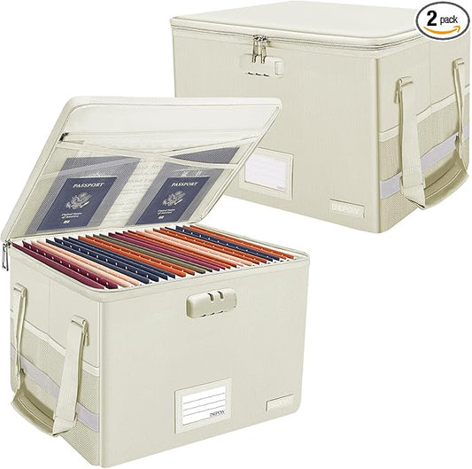 ENGPOW File Box with Lock, Fireproof Document Box with Zipper Lid, Collapsible File Storage Organizer Filing Cabinet with Handles, Portable Home Office Safe for Hanging Letter/Legal Folders, Beige, 2 Pack
