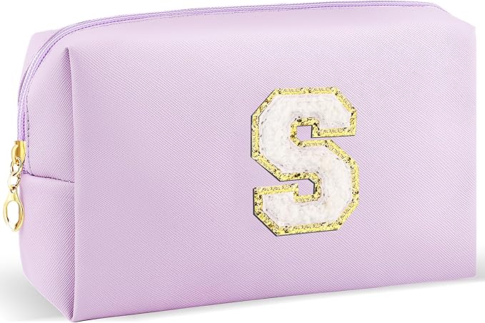 Gifts for Girls Initial Makeup Bag Personalized Cosmetic Bag with Zipper Cute Travel Toiletry Bag Waterproof PU Preppy Makeup Pouch Birthday Gift for Teen Girls Women(Purple S)