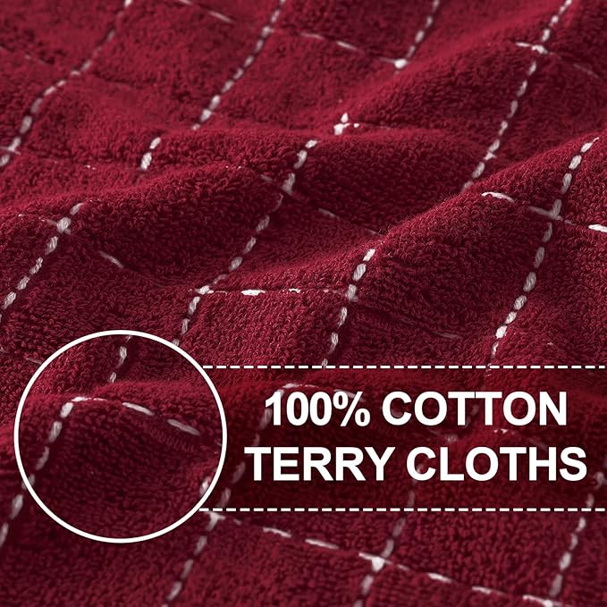 Homaxy 100% Cotton Terry Kitchen Towels(Burgundy Red, 13 x 28 inches), Checkered Designed, Soft and Super Absorbent Dish Towels, 6 Pack