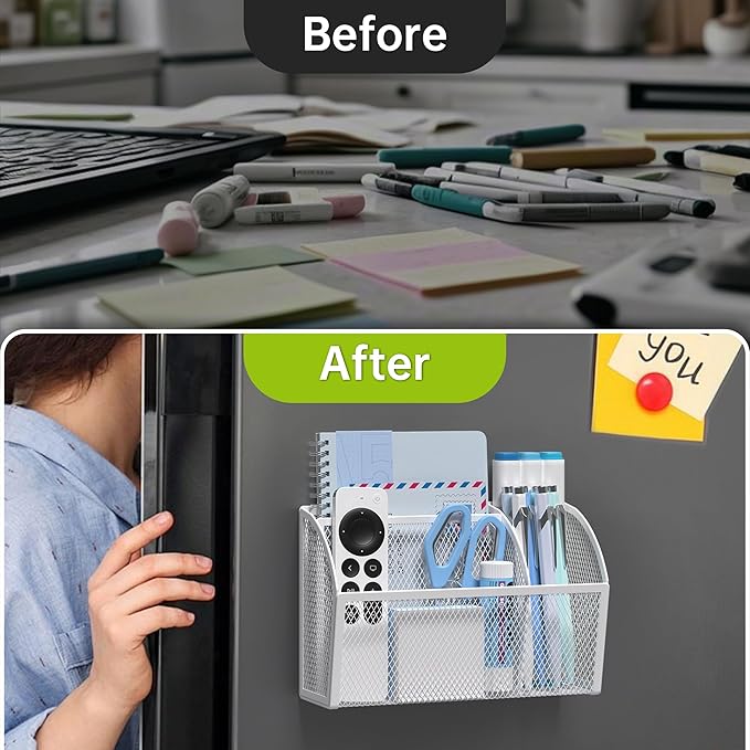 YINGHUA Strong Magnetic Pen Holder for Whiteboard and Refrigerator 3 Compartments Metal Mesh Organizer Space Saving Shelf for Office School Home and Locker - White