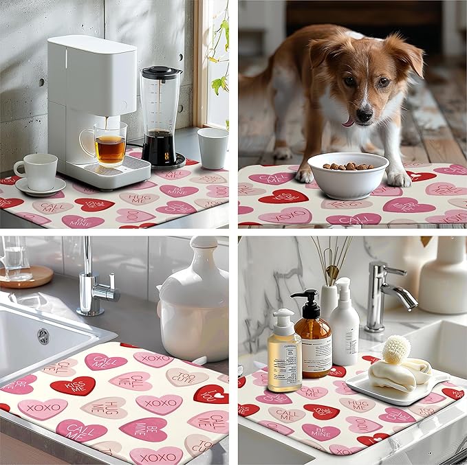 Valentine Love Heart Dish Drying Mat for Kitchen Counter 18x24 Inch Valentines Day Dish Mats Absorbent Microfiber Dish Draining Mat Reversible Dish Drying Rack Mat with Hanging Loop