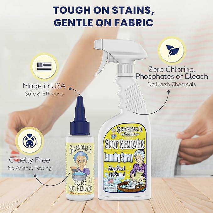 Grandma's Secret Spot Remover Laundry Spray - Chlorine, Bleach and Toxin-Free for Clothes - Fabric Stain Remover Removes Oil, Paint, Blood and Pet Stains - 16 oz & 2 oz Combo, DuoPack