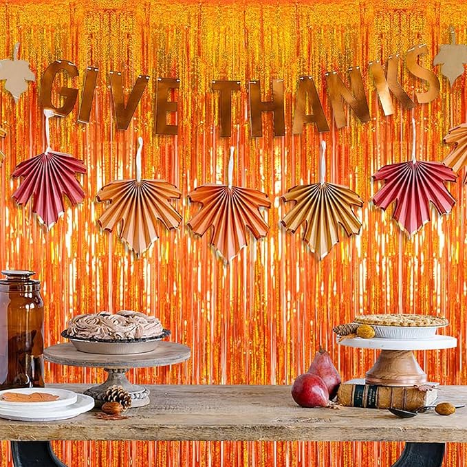 10 Pack Orange Backdrop Curtain 3.2ft x 8.2ft Metallic Tinsel Foil Fringe Curtains Photo Booth Background for Birthday Party Decoration Baby Shower Engagement Wedding Christmas Decoration
