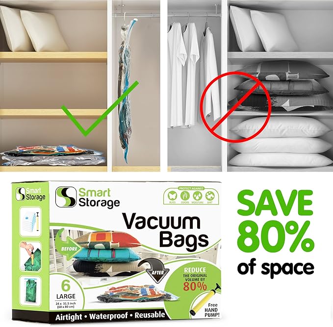 6 PC Large Vacuum Storage Bags | Space Saver Bags Underbed Storage for Clothes, Bedding & Travel Bag Sealer | Vacuum Sealer Bags with Travel Pump | Waterproof Bags Works with Any Vacuum