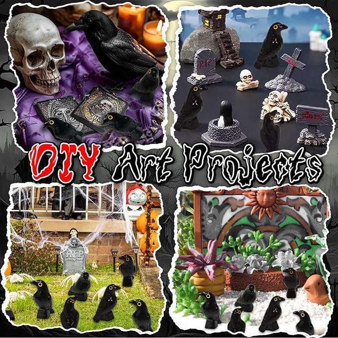 100 Pcs Miniature Crow Figurines, Mini Resin Crows Figures, Tiny Black Raven Decor for Home Garden, Micro Landscape, and Halloween Scene Decoration (100)