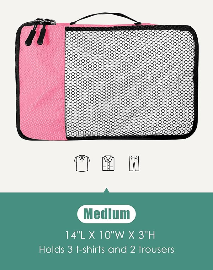 4-Piece Packing Cubes Travel Accessories Set for Suitcases - Luggage Organizer Bags with Double Zipper - Mesh Top - Medium - Pink
