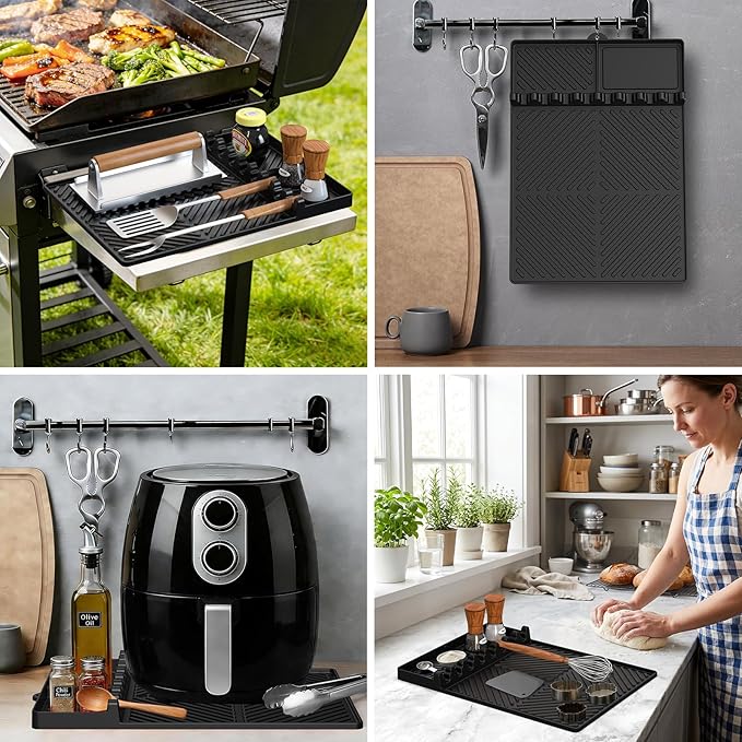 Griddle Mat Barbeque Grill Accessories Tools for Blackstone, Side Shelf Mat Grill Pad for Outdoor Grill Kitchen Counter Spatula Silicone Mat with Drip Pad for Kitchen, Cooking, Countertop (Black)