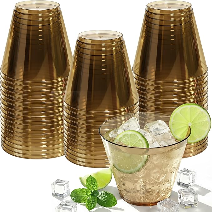 9 oz Clear Plastic Cups Brown Plastic Disposable Cups for Cocktail 50 Pack Fancy Cocktail Cup for Party Stemless Wine Glasses for Party Wedding Graduation Birthday