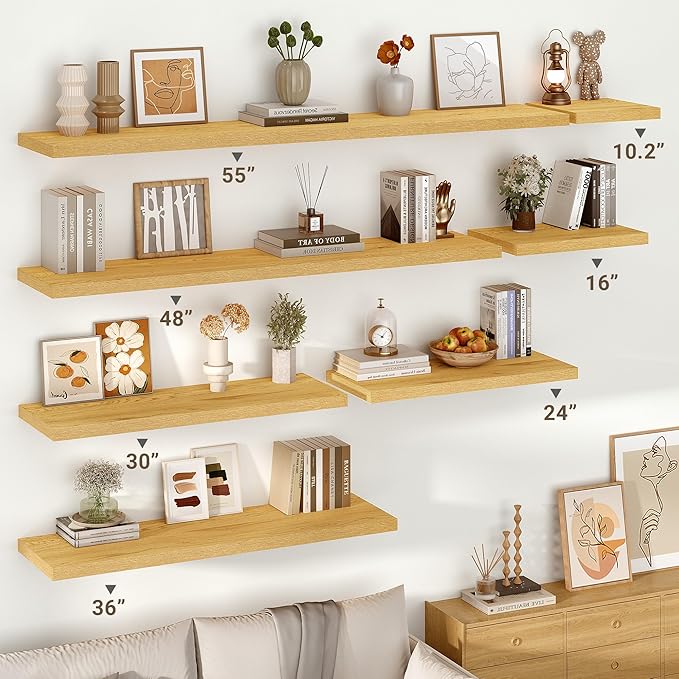 Vivelove 10" Deep Floating Shelves with Invisible Brackets, 36" Wall Shelves for Bathroom Bedroom Kitchen Living Room Laundry Room, Modern Rustic Shelves for Home Decor, 36"x10.2"x1.5", Set of 2, Oak