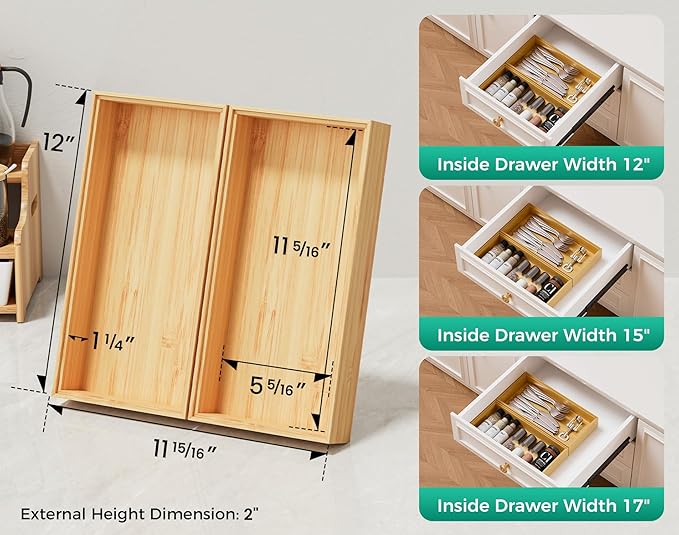 Bamboo Kitchen Drawer Organizer Boxes – Stackable Wood Silverware Utensil Tray for Drawers Bins, Cutlery & Flatware Storage – Wooden Organizers Set of 2, 12" x 6" x 2" for Junk Drawer, Bathroom, RV