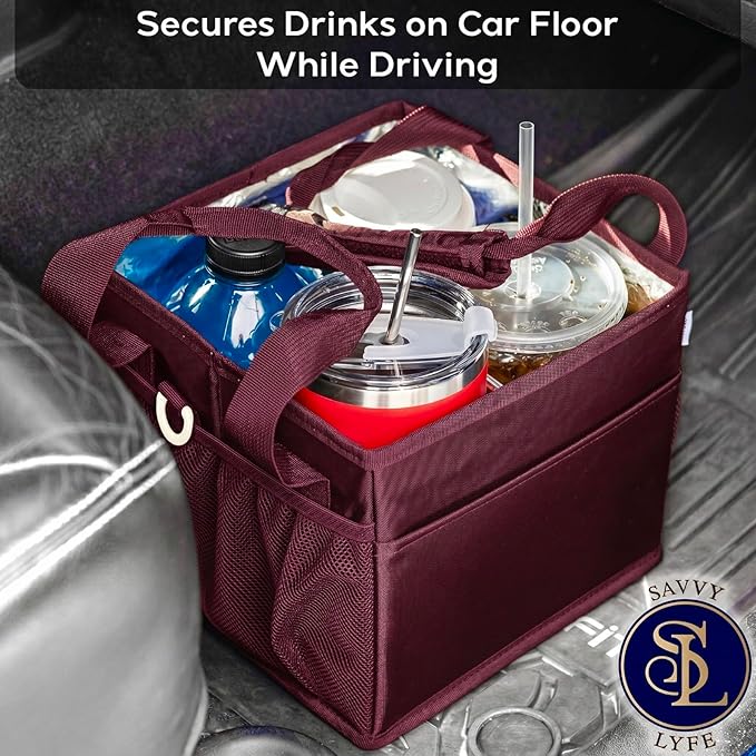 Reusable Drink Carrier with Handle – Tip-Resistant 4 Cup Carrier with Shoulder Strap for Delivery – Insulated, Foldable, Adjustable Dividers – Portable Caddy Tote Bag, Drink Holder for Car