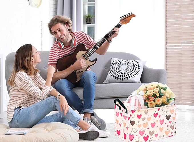 KUNRO Rectang Heart Valentine's Storage Basket Gift Shelf Basket Storage Bin, Nursery Basket Organizer Box for With Handles for Room Deco