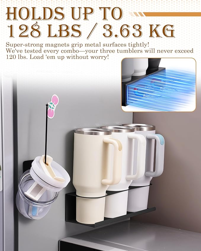 Black 2 Pack Magnetic Cup Holder with Lid Holder (1PC) Fridge for 30 & 40 oz Tumbler - Strong Fridge Mount - Water Bottle Organizer for Metal- No Drill Cup Accessories for Car, Kitchen, Office