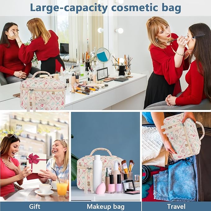 Gosect Large Makeup Bag, Cute Cosmetic Bag for Women Girls, Floral Coquette Aesthetic Toiletry Bag, Travel Make Up Organizer Bag(Love Bear