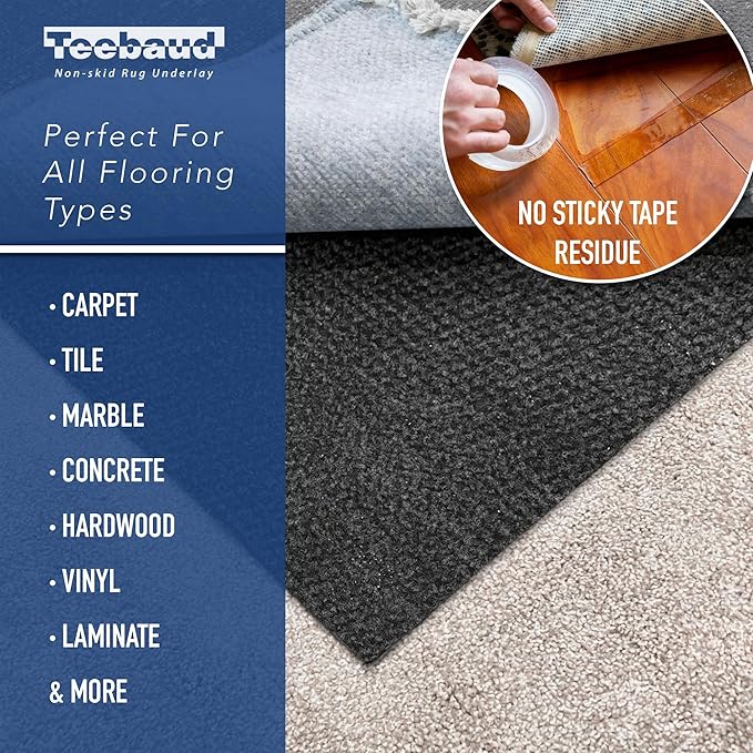 Teebaud 3' x 12' Non-Slip Rug Pad, Reversible Gripper, Non Skid Pads for Hardwood, Vinyl, Tile, Laminate Floors, Keep Area Rugs Secure, Natural Materials Safe for Indoor Flooring, ¼” Thick