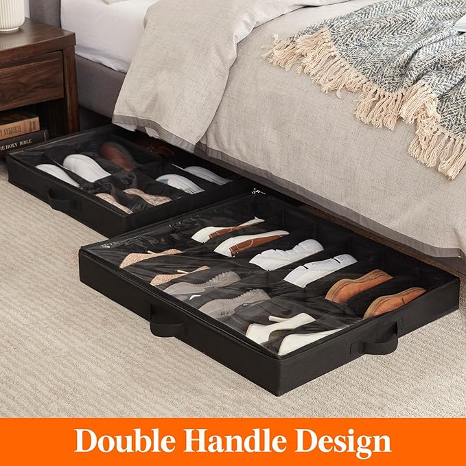 Lifewit Under Bed Shoe Storage Organizer 1 Pack (12 Pairs), 4.3" Tall Fabric Shoes Container Box, Foldable Closet Shoe Bag with 2 Reinforced Handles and Clear Cover, Black