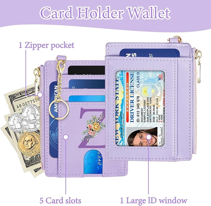 Slim Wallet for Women Credit Card Holder with D-Shackle ID Window and Detachable Keychain,Personalized Birthday Gifts for Girls Women Her Freind Sister Girlfriend,Initial Letter Z(Purple)