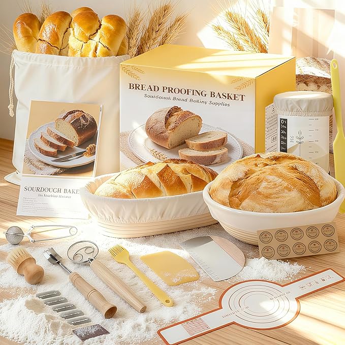 Sourdough Starter Kit, Sourdough Bread Baking Supplies, Round & Oval Banneton Bread Proofing Basket, Bread Sling, Starter Jar, Dough Whisk, Scrapers, Stencils & Bag, Complete Sourdough Kit Gifts