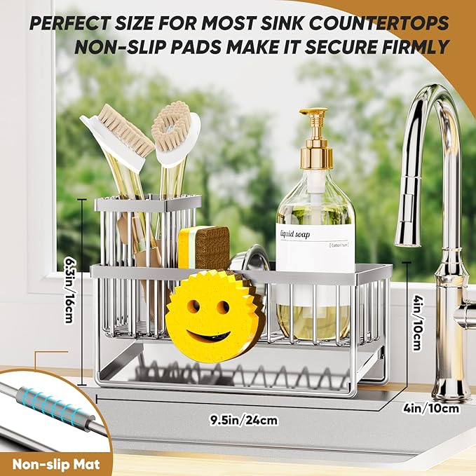 Sponge Holder for Kitchen Sink, Smiley Face Sink Caddy with Removable Brush Holder, Self-Draining Sponge Caddy for Soap, Dish Brush, Scrubber, Kitchen Essentials and Gadgets - Silver