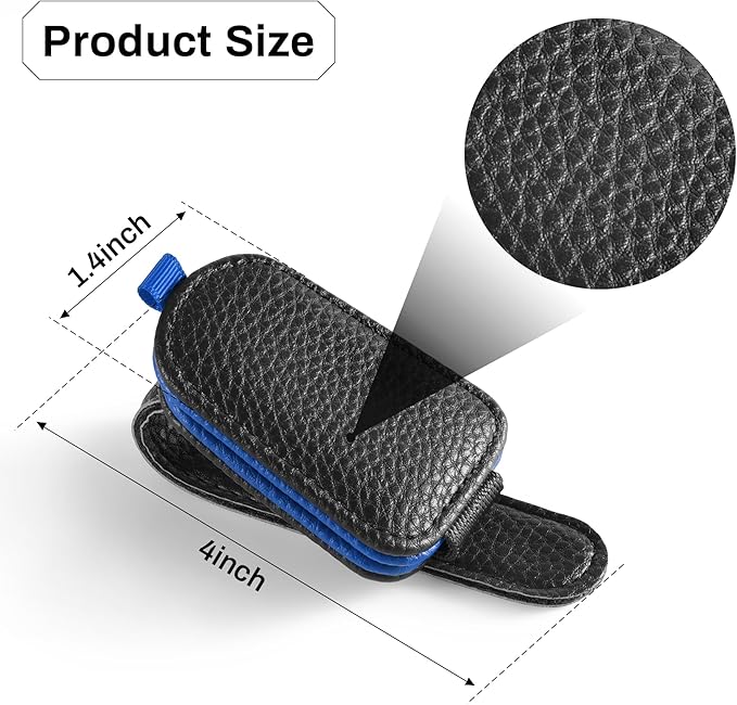 SINGARO Sunglasses Holder for Car, Leather Magnetic Buckle Sun Visor Sunglass Clip, Ticket Card Storage Glasses Clip, Car Interior Accessories for Men and Women（Black-Blue）