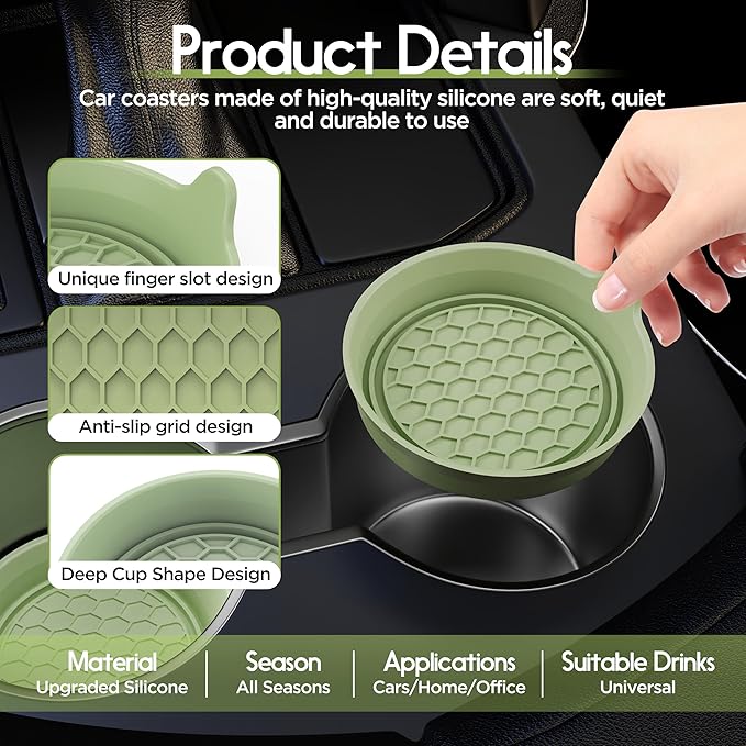 Amooca Car Cup Coaster Universal Automotive Waterproof Non-Slip Cup Holders Sift-Proof Spill Holder Car Interior Accessories 2 Pack Tea Green