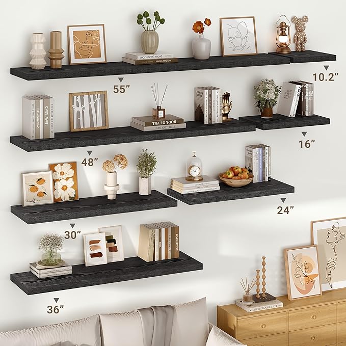 Vivelove 48 Inches Floating Shelves Wall Mounted, 10" Deep Wall Shelves for Bedroom, Bathroom, Living Room, Kitchen, Office, Home Decor, Modern Shelf, Set of 2, Black, 48x10.2x1.5