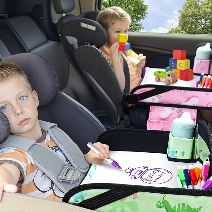 2PCS Kids Travel Tray, Car Seat Tray for kids Travel, Toddler Road Trip Essentials With Drawing Kit, Toddler Lap Desk Organizer for Car, Carseat Table for Airplane