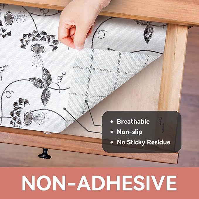 [Upgrade Version] RAY STAR Shelf Liner, Non Adhesive Black Leaves Floral Cabinet Liner for Pantry Drawer, Strong Grip Non Slip, Shelf Liners for Kitchen Cabinets Cupboard 18 Inch x 8 FT (2 Rolls)