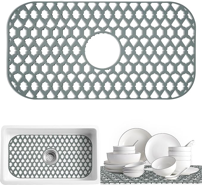 Sink Protectors for Kitchen Sink, Kitchen Sink Accessory - Silicone Mats Grid for Stainless Steel Strainer Bottom of Farmhouse Porcelain sinks (24”x13”, Center Drain)