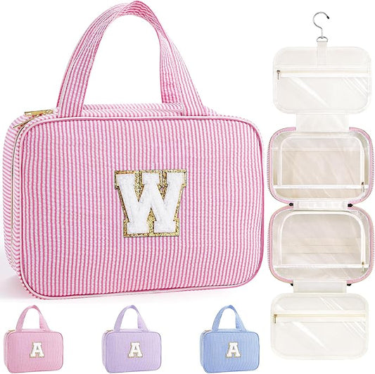 TOPEAST Hanging Toiletry Bag for Women - Travel Toiletry Bag Makeup Bag, Portable Toiletries Cosmetic Bag, Airplane Travel Essentials - Letter W, Pink