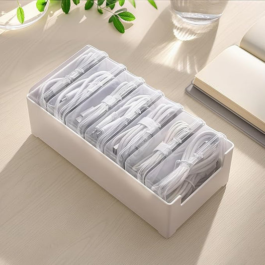 RayHenry Cable Organizer Box with 7 Clear Switch Case, Desktop Charger Cord Storage Organizer Box for Home Office Desk Accessories Wire Organization Stationery Supplies (white)
