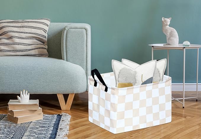 Beige Check Storage Basket Baby Toys Organizer Bins Decorative Gifts Bakset Waterproof Nursery Hamper Women Storage Cube Kids Laundry Basket for Home/Dorm/Kitchen/Pet/Office/Closet/Shelf/