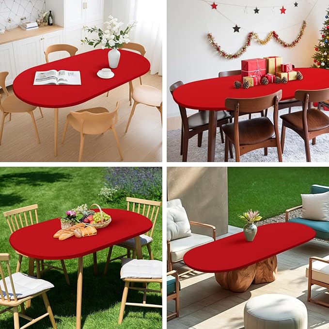 NEWISHER Fitted Oval Tablecloth 42 x 60 Inch Elastic Table Cloth, Stretch Spandex Table Cover Red Washable Polyester Top Cap Cover for Dining Picnic Camping Indoor and Outdoor
