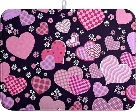 Valentine Pink Love Heart Dish Drying Mat for Kitchen Counter - Happy Valentine's Day Microfiber Pad 18x24 Inch Absorbent Drainer Large Dryer Kitchen Accessories