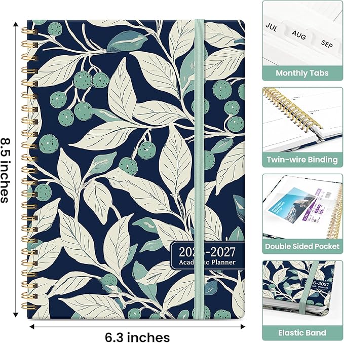 Planner 2026-2027, Academic Monthly and Weekly Calendar Planner for Women, July 2026 - June 2027, Hardcover Pretty Agenda Planner Book with Tabs, Spiral Daily Organizer for School Office Home Supplies, 6.3" x 8.5" - Botanic Berry