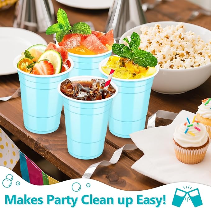 LANLISA 50 Light Blue Plastic Cups, 16 oz Disposable Cups, Drinking Cups For Birthday Party, Baby Shower, Easter