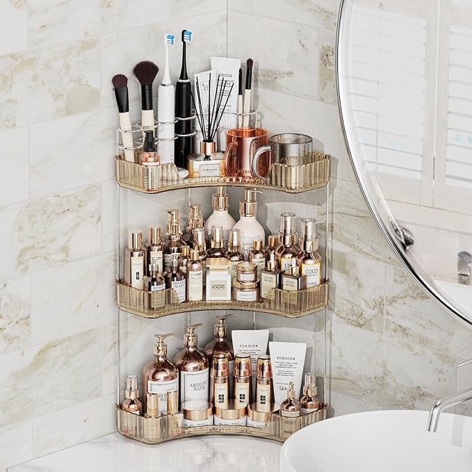 3-Tier Corner Bathroom Counter Organizer with Top Toothbrush Holders,Large Makeup Organizer Countertop with Brush Holder,Skincare Organizers Corner,Exquisite Vanity Organizer (Gold, 3 Tier)