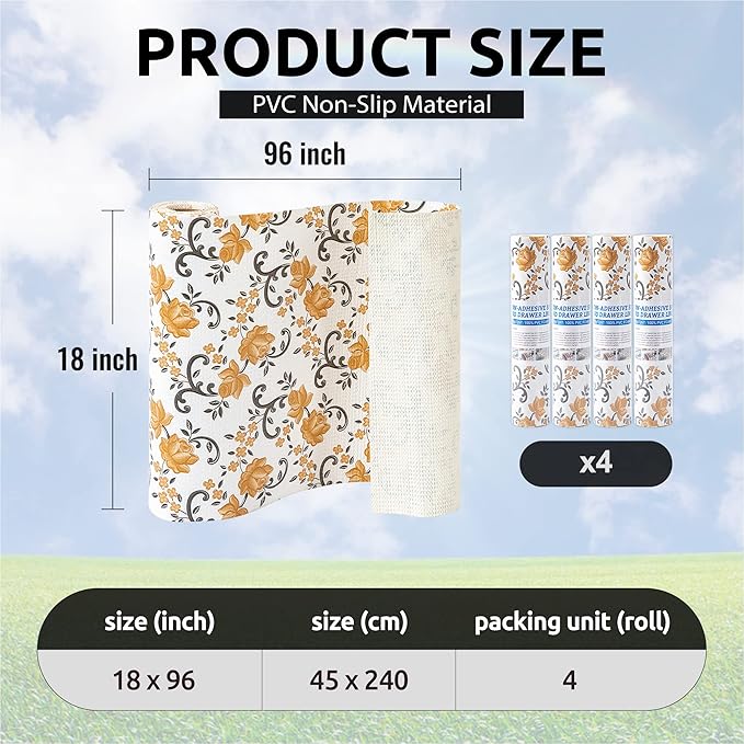 FIFTY FEET 18X96 Inch Shelf Liner for Kitchen Cabinets, PVC Drawer Liner for Dresser Non-Slip Bathroom, Non-Adhesive Cabinet Liner Washable (Yellow Floral)(4 Roll)