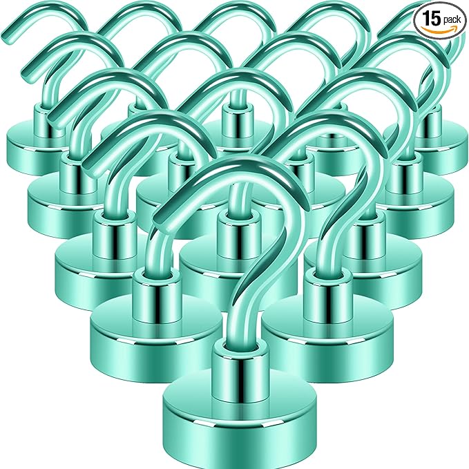 Neosmuk Magnetic Hooks, Heavy Duty 30lb+ Strong Magnet Hook for Cruise Cabins, Cruise Ship Essentials for Hanging, Metal Wall Refrigerator Hangers (Green, 15 Pack)