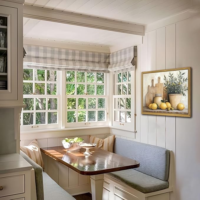 Wood Framed Vintage Kitchen Wall Art, Yellow Lemon Still Life Wall Decor Oil Paintings, Rustic Farmhouse Artwork Canvas Posters Prints Pictures for Living Room Bedroom Home Decor 12x16 Inch