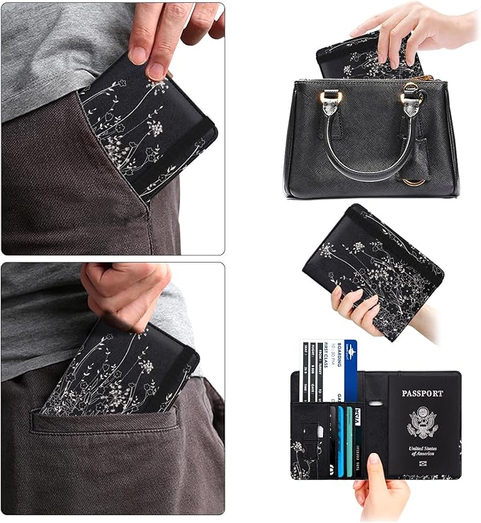 WALNEW Passport Holder for Travel, RFID Passport Cover Wallet for Women Men, PU Leather Passport Book Card Holder Case with Pen (Elastic Band Closure, D-Black Flowers)