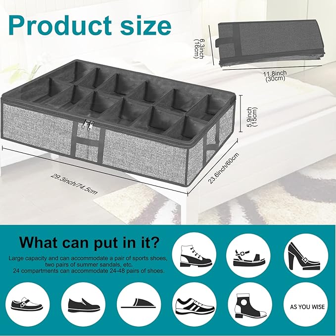 Under Bed Shoe Storage Organizer for Closet 2 Pack - Fits 24 Pairs Underbed Shoes Rack Container Boxes with H Shape Sturdy Handles and Clear Window, Foldable Shoe Rack Holder, Grey