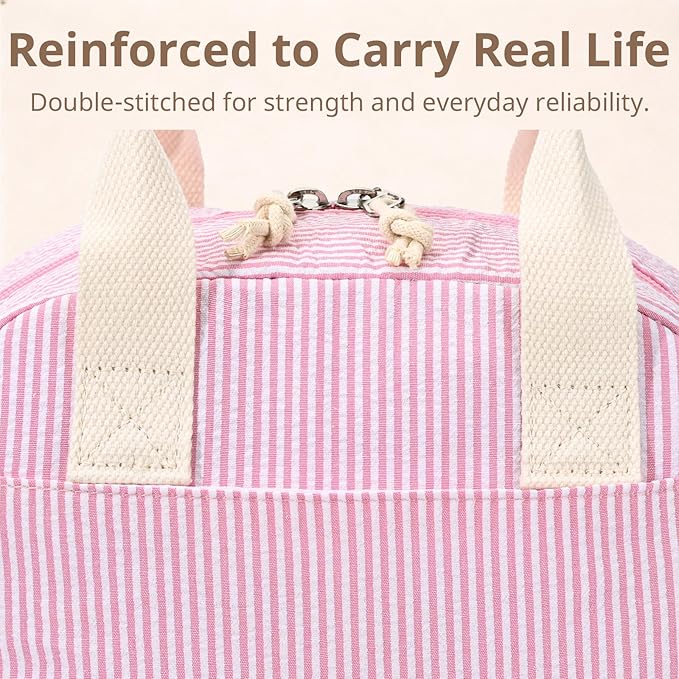 LOVELYWIND Insulated Lunch Bag for Women, Reusable Pink Striped Lunch Box Cooler Bag with Large Capacity, Durable Lunch Tote for Work