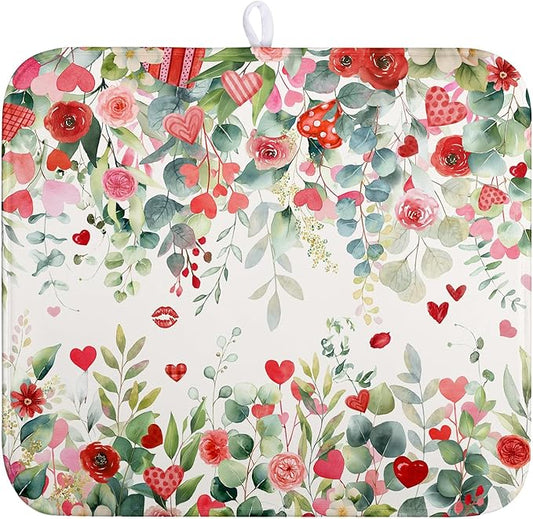Valentine Dish Drying Mat for Kitchen Counter 16x18 Inch Valentines Love Heart Rose Eucalyptus Leaf Dishes Drying Pad Microfiber Absorbent Dish Draining Washable Dish Drainer Mat