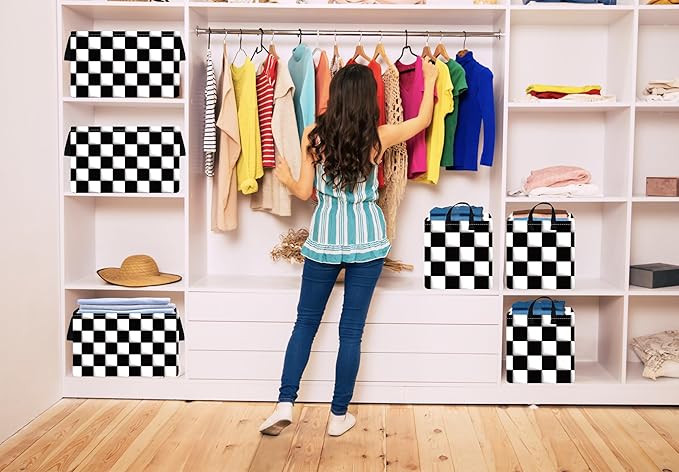 KUNRO Rectang Checkered Flag Storage Basket Gift Shelf Basket Storage Bin, Nursery Basket Organizer Box for With Handles for Room Deco